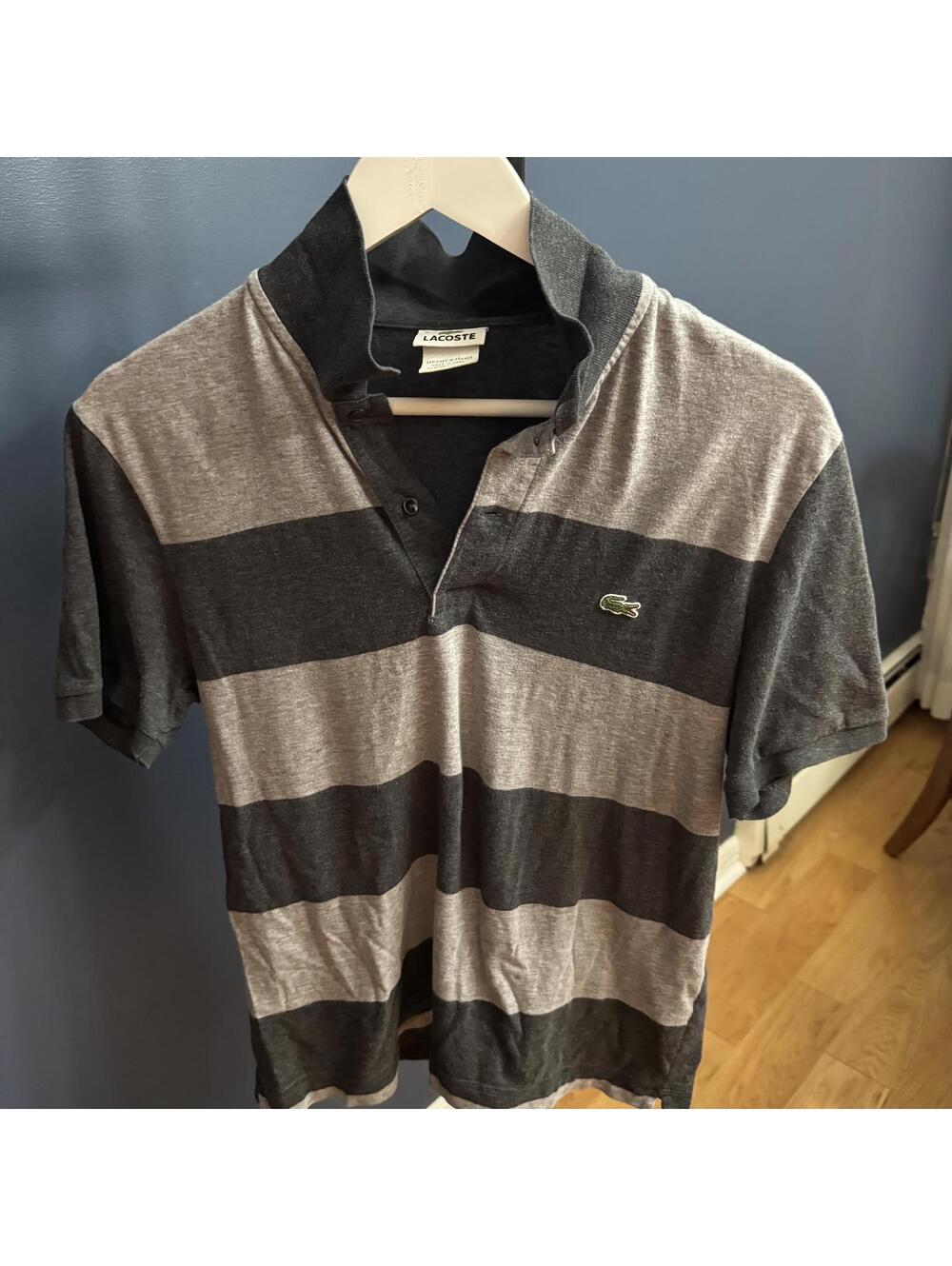 Lacoste, Grey Striped Mens Polo Size 4 (Aprx Medium)